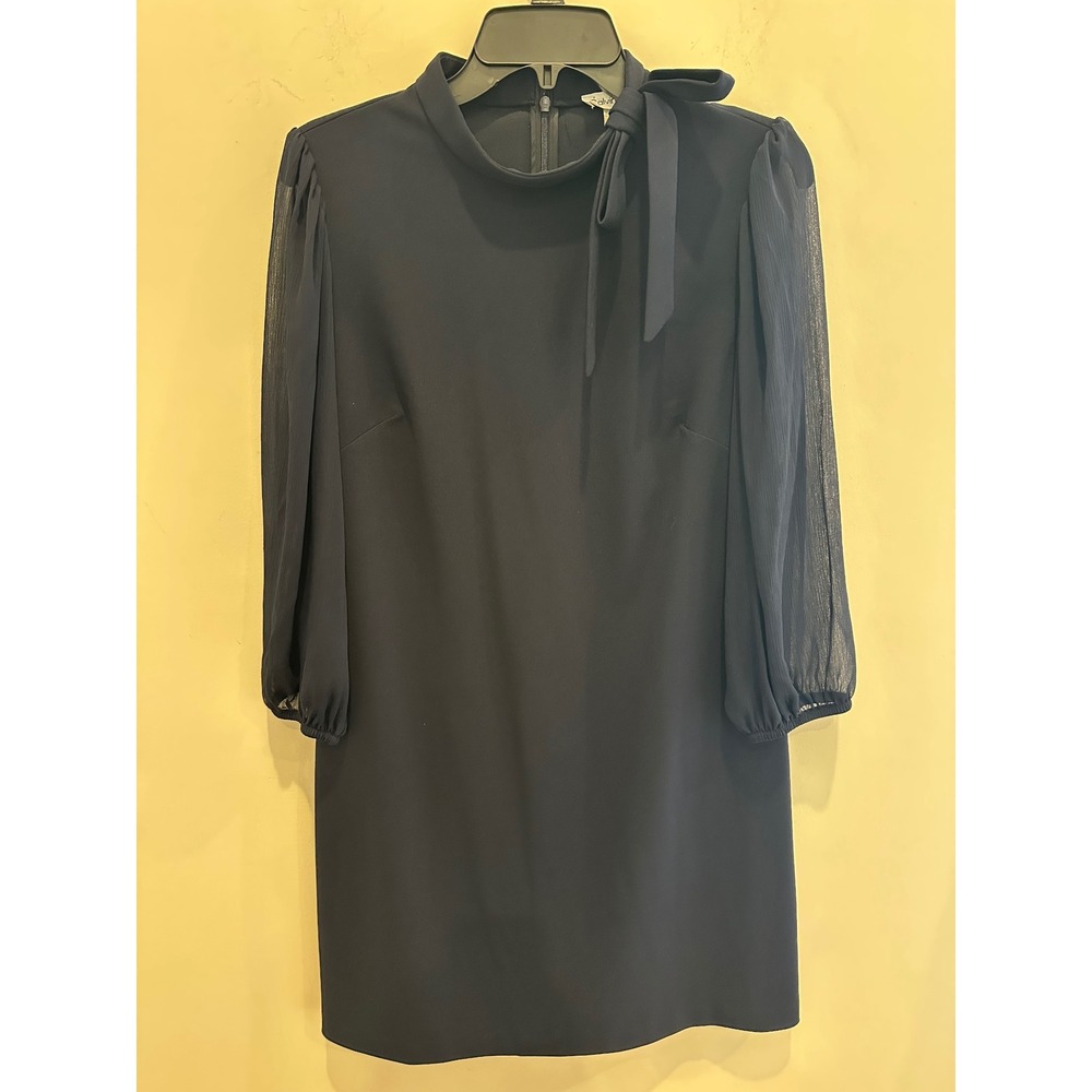Calvin Klein Navy Blue Mock Neck Tie Sheath Dress Sheer Sleeves Sz 12 cocktail